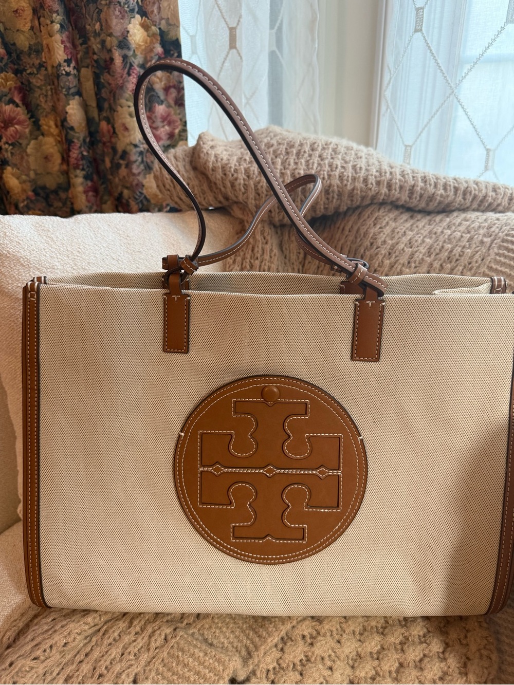 Tory Burch Canvas Tote in Beige with Brown Leather Trim
